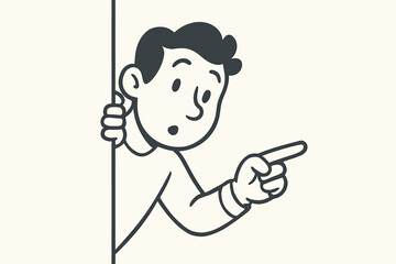 Curious retro cartoon character peeking out from behind a corner. Surprised man pointing a finger, discovering a secret. Mascot for advertisement, sale or announcement. Vector.