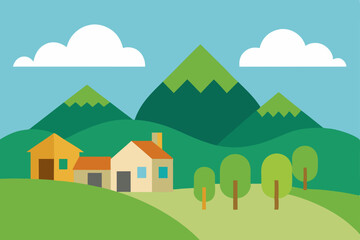 Obraz premium Serene Mountain Village Landscape Houses nestled among rolling hills and majestic peaks