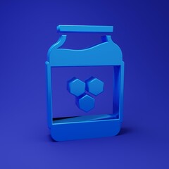 Blue Jar of honey icon isolated on blue background. Food bank. Sweet natural food symbol. Minimalism concept. 3D render illustration