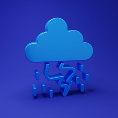 Blue Storm icon isolated on blue background. Cloud and lightning sign. Weather icon of storm. Minimalism concept. 3D render illustration