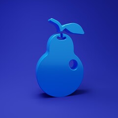 Blue Pear icon isolated on blue background. Fruit with leaf symbol. Minimalism concept. 3D render illustration