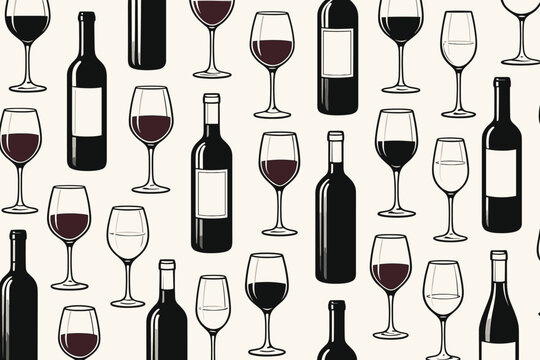 Wine pattern seamless vector background. Red wine bottle and glass illustration. Alcoholic beverage repeat texture for restaurant menu, bar decor, wallpaper, wrapping paper.