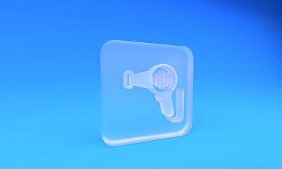 Fototapeta premium Frosted glass Hair dryer icon isolated on blue background. Hairdryer sign. Hair drying symbol. Blowing hot air. Square frosted glass button. 3D render illustration