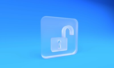Frosted glass Open padlock icon isolated on blue background. Opened lock sign. Cyber security concept. Digital data protection. Safety safety. Square frosted glass button. 3D render illustration
