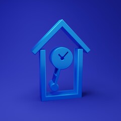 Blue Retro wall watch icon isolated on blue background. Cuckoo clock sign. Antique pendulum clock. Minimalism concept. 3D render illustration
