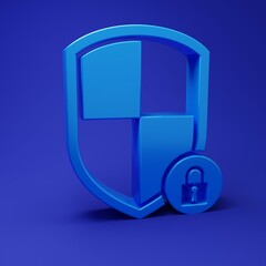 Blue Shield security with lock icon isolated on blue background. Protection, safety, password security. Firewall access privacy sign. Minimalism concept. 3D render illustration
