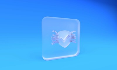 Frosted glass Cyber security icon isolated on blue background. Shield with check mark sign. Safety concept. Digital data protection. Square frosted glass button. 3D render illustration