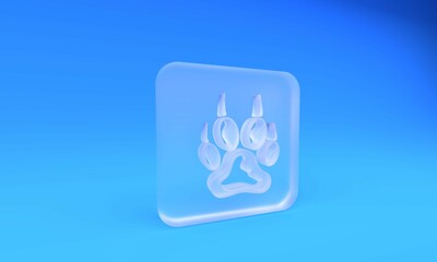 Frosted glass Paw print icon isolated on blue background. Dog or cat paw print. Animal track. Square frosted glass button. 3D render illustration