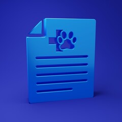 Blue Medical certificate for travel with dog or cat icon isolated on blue background. Document for pet. Dog or cat paw print. Minimalism concept. 3D render illustration