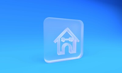 Frosted glass Dog house and bone icon isolated on blue background. Dog kennel. Square frosted glass button. 3D render illustration