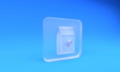 Frosted glass Bag of food for cat icon isolated on blue background. Fish skeleton sign. Food for animals. Pet food package. Square frosted glass button. 3D render illustration