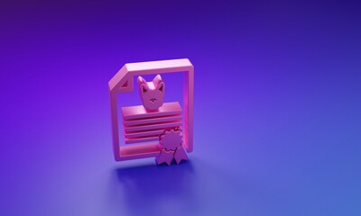 Pink Medical certificate for travel with dog or cat icon isolated on purple-blue background. Document for pet. Dog or cat paw print. Minimalism concept. 3D render illustration