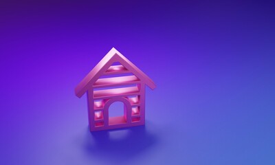 Pink Dog house icon isolated on purple-blue background. Dog kennel. Minimalism concept. 3D render illustration