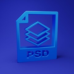 Blue PSD file document. Download psd button icon isolated on blue background. PSD file symbol. Minimalism concept. 3D render illustration