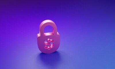 Pink Money lock icon isolated on purple-blue background. Padlock and dollar symbol. Finance, security, safety, protection, privacy concept. Minimalism concept. 3D render illustration