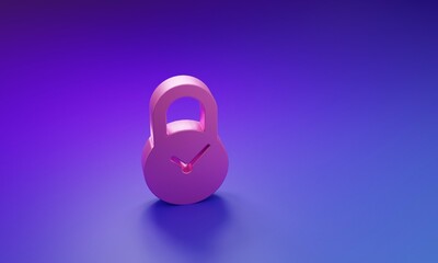 Pink Padlock with clock icon isolated on purple-blue background. Time control concept. Lock and countdown, deadline, schedule, planning symbol. Minimalism concept. 3D render illustration