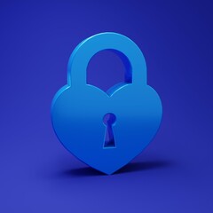 Blue Castle in the shape of a heart icon isolated on blue background. Locked Heart. Love symbol and keyhole sign. Minimalism concept. 3D render illustration