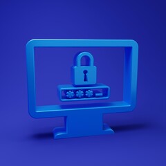 Blue Monitor with password notification and lock icon isolated on blue background. Security, personal access, user authorization, login form. Minimalism concept. 3D render illustration
