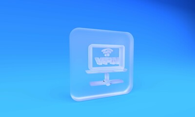 Frosted glass VPN Computer network icon isolated on blue background. Laptop network. Internet connection. Square frosted glass button. 3D render illustration