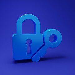 Blue Lock and key icon isolated on blue background. Padlock sign. Security, safety, protection, privacy concept. Minimalism concept. 3D render illustration