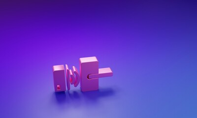 Pink Digital door lock with wireless technology for unlock icon isolated on purple-blue background. Door handle sign. Security smart home. Minimalism concept. 3D render illustration