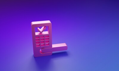 Pink Digital door lock with wireless technology for unlock icon isolated on purple-blue background. Door handle sign. Security smart home. Minimalism concept. 3D render illustration