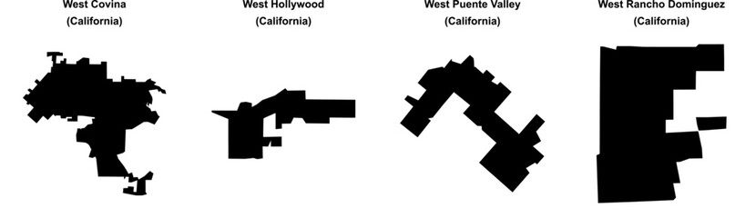 Obraz premium West Covina, West Hollywood, West Puente Valley, West Rancho Dominguez outline maps