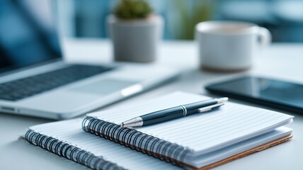 Stylish Laptop and Open Notebook with Pen for Online Study Notes