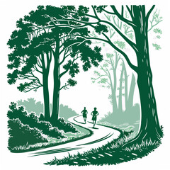 Obraz premium Two Runners Jogging on a Winding Forest Trail Green Nature Illustration running