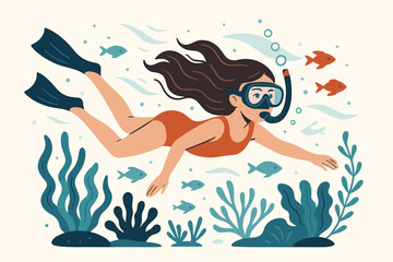 Snorkeling adventure vector illustration. Young woman swimming underwater in the sea, exploring marine life with fish and coral. Concept for summer holiday, travel, water sports.