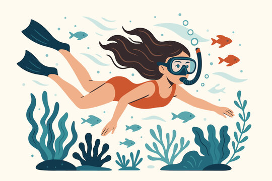 Snorkeling adventure vector illustration. Young woman swimming underwater in the sea, exploring marine life with fish and coral. Concept for summer holiday, travel, water sports.