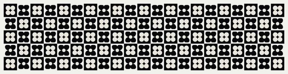 Mid century modern floral geometric pattern in black and white. Graphical illustration for a unique banners, textiles and home décor.	
