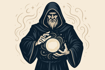 Mystical wizard character with a long beard in a hooded robe holding a glowing magic orb. Sorcerer casting a spell or predicting the future with a crystal ball. Fantasy vector.