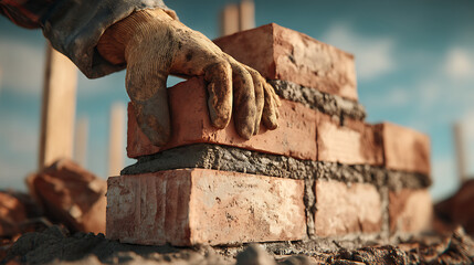 A construction worker's gloved hand carefully places a brick on a building site with a clear sky