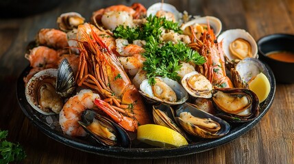 A delicious seafood platter featuring shrimp, mussels, clams, and lemon wedges garnished with fresh parsley on a rustic wooden table.