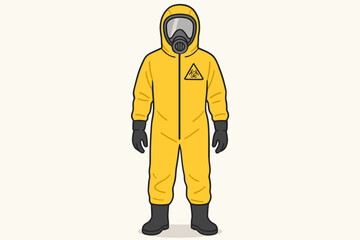 Person in yellow hazmat suit with biohazard symbol. Protective chemical gear with gas mask. Vector concept for safety, pandemic, virus, quarantine and hazardous materials.
