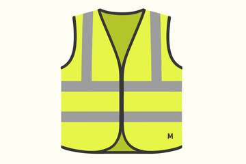 High visibility safety vest vector illustration. Fluorescent yellow neon waistcoat with reflective stripes. Worker protective clothing for construction or road work. PPE icon.