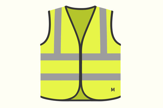 High visibility safety vest vector illustration. Fluorescent yellow neon waistcoat with reflective stripes. Worker protective clothing for construction or road work. PPE icon.