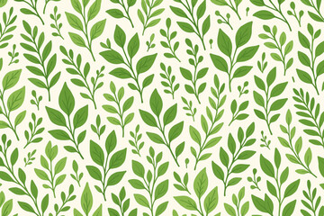 Seamless pattern with green leaves on branches. Vector botanical background with simple flat foliage. Natural organic texture for wrapping paper, textile, wallpaper. Eco friendly design.