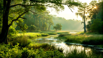 Fototapeta premium Biosphere conservation scene with photorealistic vegetation and dappled sunlight