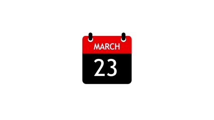 March 23 Daily Calendar icon animation on transparent background. Calendar with the date march 23 on a white background.