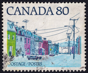 Street leading to the sea on a 1978 Canada vintage postage stamp. City streets Series