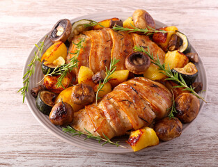 Roast rosemary turkey fillet wrapped in bacon