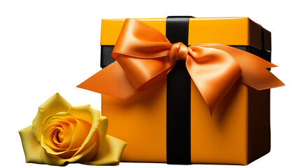 Orange gift box with black ribbon, yellow rose accent, luxury present design, elegant surprise package, isolated on transparent background.