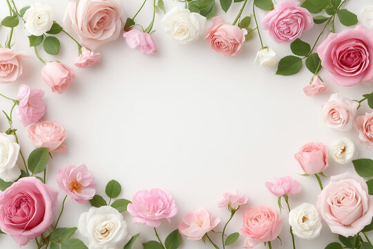 Marco floral con rosas rosadas y blancas sobre fondo limpio (boda invitación decoración)