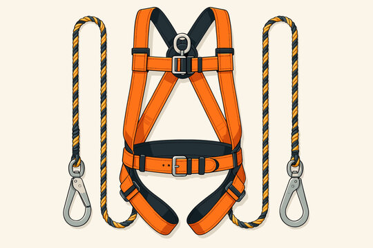 Vector illustration of a safety harness for working at height. Fall protection equipment for construction and industrial work. PPE concept with full body harness, rope and carabiner.