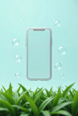 transparent phone case fly with water drops over green grass