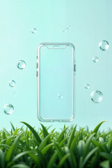 transparent phone case fly with water drops over green grass