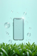 transparent phone case fly with water drops over green grass