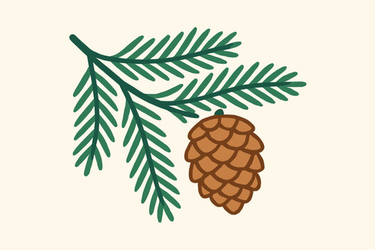 Christmas pine branch with cone illustration. Winter evergreen fir twig with snow. Hand-drawn botanical vector graphic. Festive holiday nature element for decoration or greeting card.